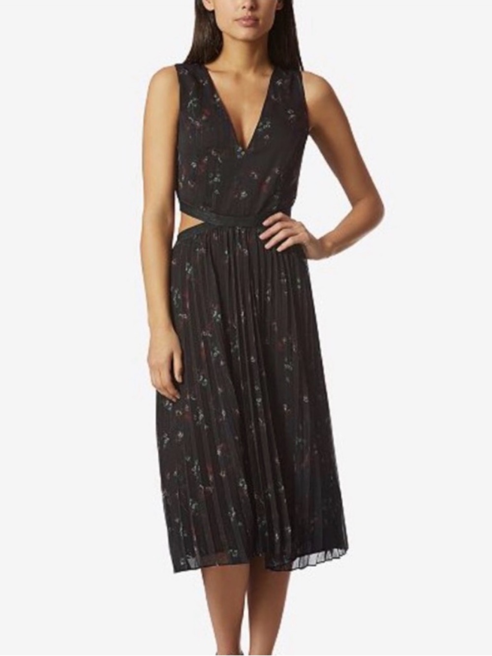 Avec Les Filles Black Floral Midi Dress with Cutout Waist